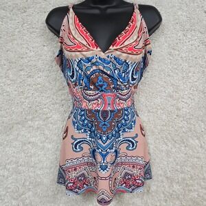 Venus Womens Babydoll Top Paisley Stretch‎ Pink Blue Size Large Y2K Boho